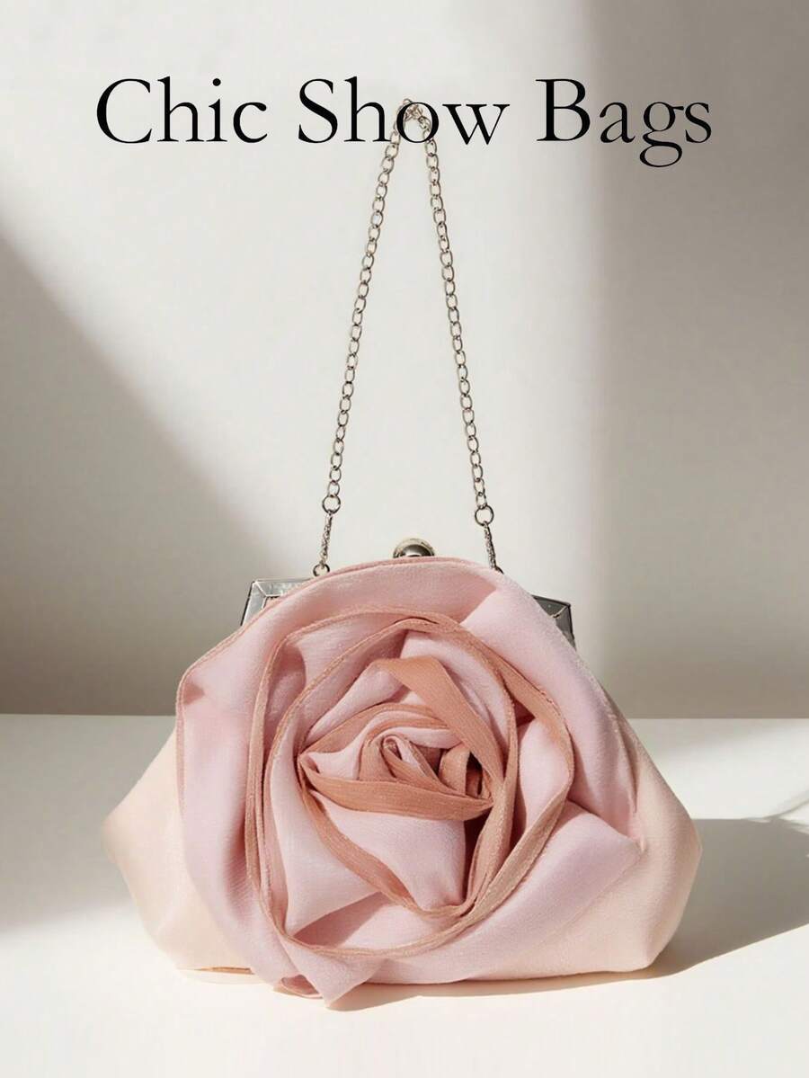 Túi xách nữ thời trang 3D hình hoa hồng, túi dự tiệc màu hồng satin với dây đeo dạng xích, thích hợp cho các buổi tiệc và liên hoan. - Hồng - Xem 1