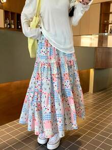 1 Peça Saia Chiffon Xadrez Floral Vintage, Saia Longa Impressa Aleatoriamente com Vibração Jovem para o Verão, Tom de Cor de Floresta, Saia Envelope de Cintura Alta Ideal para Praia, Final de Semana, Férias, Festa, Estilo Floral Picnic - Multicolorido - Visão 7