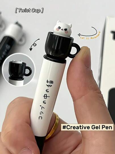 4pcs Mini Cat Design Gel Pens, 0.5mm Ballpoint Quick-Dry Black Color Ink, Twistable Cup Writing Pens With Adorable Cat Illustrations, Office & School Supplies, Cat Pens, For Student Back To School Stationery, Playful Design