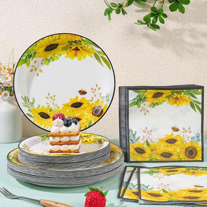 Sunflower Black Rim Disposable Party Tableware Set, 7/9 Inch Disposable Paper Plates, Napkins, Set, Party Supplies, Suitable For Family Gatherings, Gender Reveal, Celebrations, Birthday, Wedding, Bachelor Party, Family Picnic And Dining Events