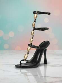 Elegant High Heel Strappy Sandals For Women Pearl Decor Open Round Toe Stiletto Black High Heels Roman Sandal T Strap Buckle Jewelled Slip On Party Bridal Wedding Dressy Business Casual Fashion Work Comfy Outdoor DatingGladiator Easter Gifts Spring Womens Summer Sandals - 黑色 - 查看 9