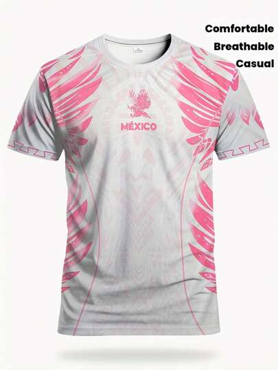Men's Mexico Soccer Jersey - Breathable Comfortable Short Sleeve T-Shirt, Vibrant Pink And White Geometric Design, Round Neck, Suitable For Training, Match, Casual And Party Wear, Soccer Jersey, Sports Casual Wear, Sports Design, Slim Fit Shirt