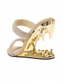 Rhinestone Shark Tiger Teeth Heeled Sandals For Women Sparkling Open Toe Mules Metallic Shark Teeth Pumps Party Dress Wedding Ceremony Wedge Heels - 金色2 - 查看 3