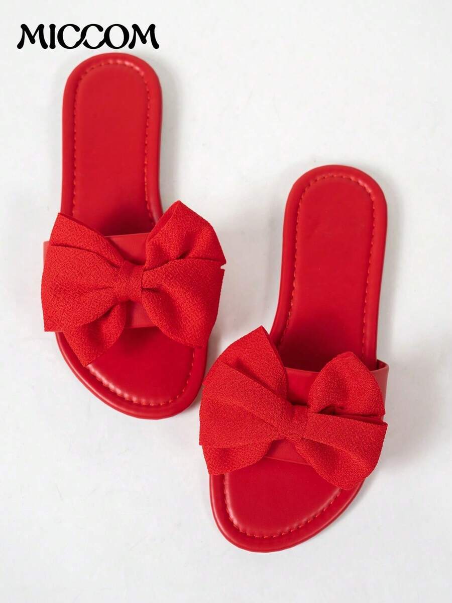 Dép lê đế bằng cho nữ, thiết kế nơ, đế mềm, nhẹ, thoáng khí, dép đi biển thường ngày cho mùa hè. - Đỏ - Xem 1