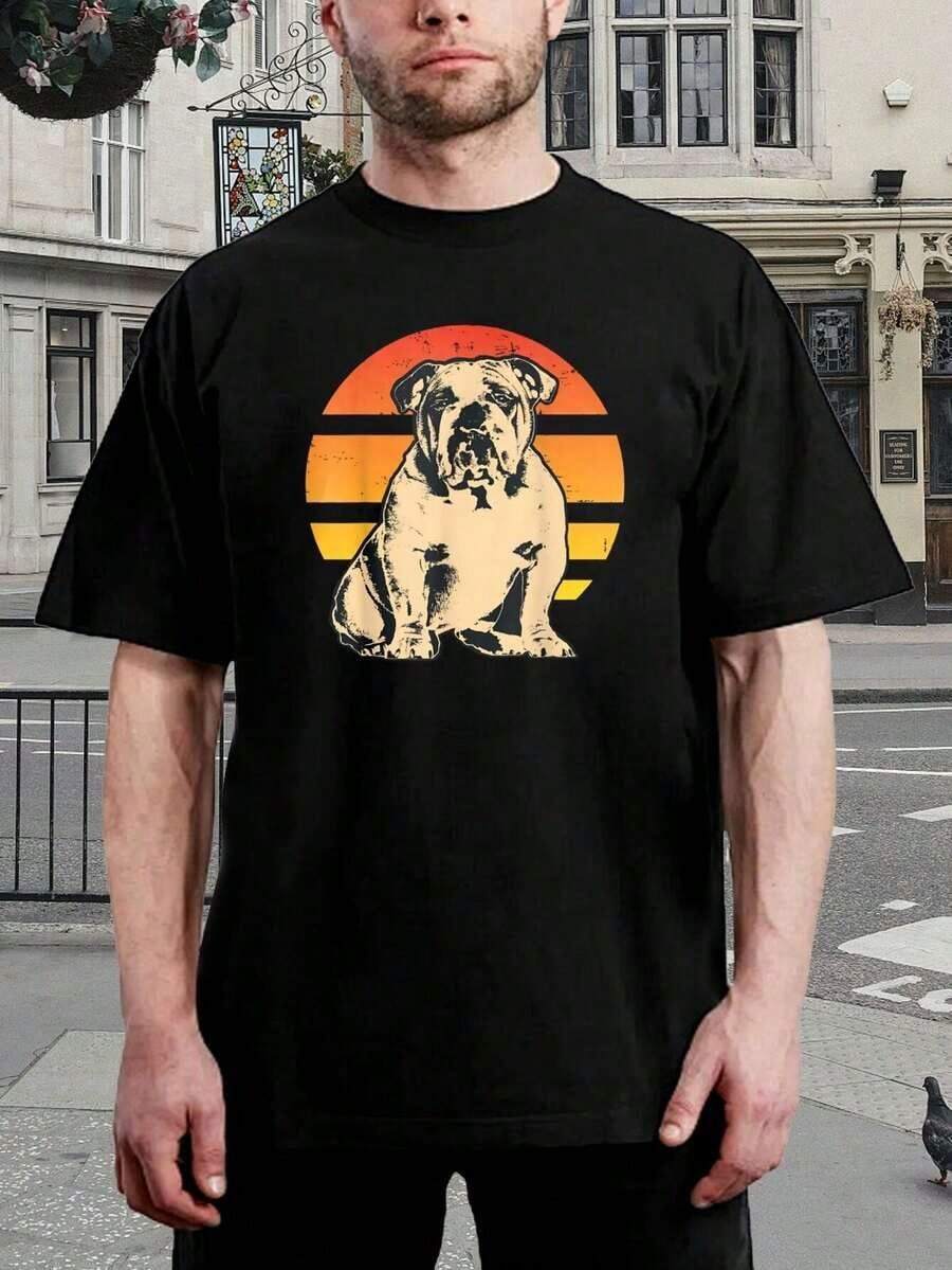 Camiseta Retro para Hombre con Diseño de Bulldog al Atardecer | Camiseta Vintage de Manga Corta para Amantes de Perros | Camiseta con Gráfico de Bulldog Genial, Regalo para Hombres y Mujeres - Negro - Ver 1