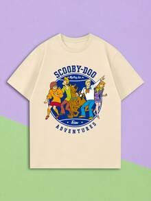 Whysmera SHEIN X SCOOBY-DOO Gender-Neutral Loose Crew Neck Short Sleeve T-Shirt, Classic Cartoon Adventure Squad Full Cast Fun Print Design - Apricot - View 2