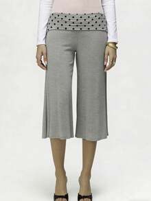 Women Y2K Cropped Wide Leg Pants, Retro Horizontal Stripe Polka Dot Print Fold Over Waistband Stretchy Knit Culottes For Streetwear Daily Outings - Màu xám đen - Xem 1