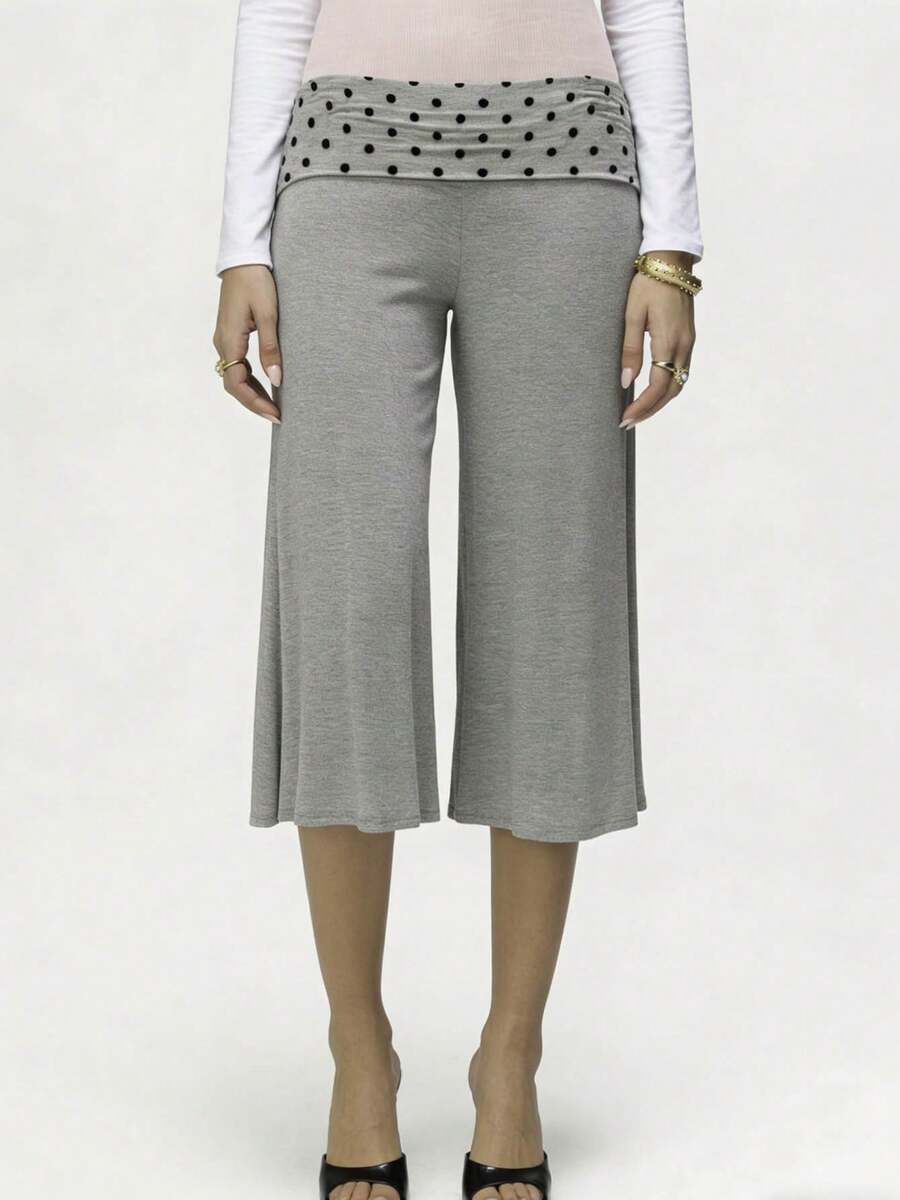 Women Y2K Cropped Wide Leg Pants, Retro Horizontal Stripe Polka Dot Print Fold Over Waistband Stretchy Knit Culottes For Streetwear Daily Outings - Màu xám đen - Xem 1