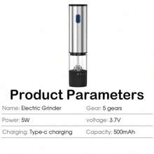 Rechargeable Pepper Salt Grinder, One-Handed Automatic Pepper Mill, Spice Grinder, USB Rechargeable, 5 Adjustable Coarseness, One-Handed Operation, Ceramic Grinding, Refillable, Stainless Steel Housing, Suitable For Black Pepper, White Pepper, Sea Salt, Chili Pepper, Sesame, Cumin And Other Spices Kitchen Accessory - màu đen - Xem 2