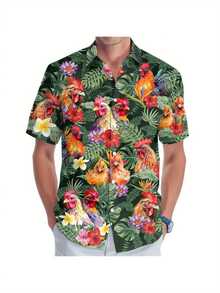 Rooster And Tropical Flower Print Symbolizes Vitality Freedom And Harmony With Nature Vibrant 3D Printed Hawaiian Men Shirt Short Sleeve Casual Summer Beachwear - trắng - Xem 4