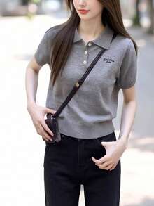 女士休闲简约精致刺绣领针织短袖上衣，夏季 - 灰色 - 查看 3
