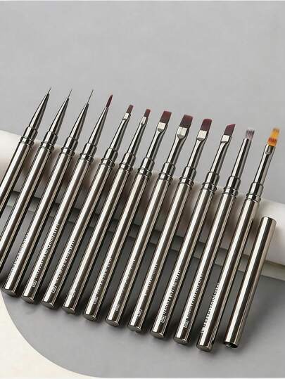 1支/12支装金属美甲勾线笔，适用于绘制长线条、精细细节、细腻上色和柔和着色