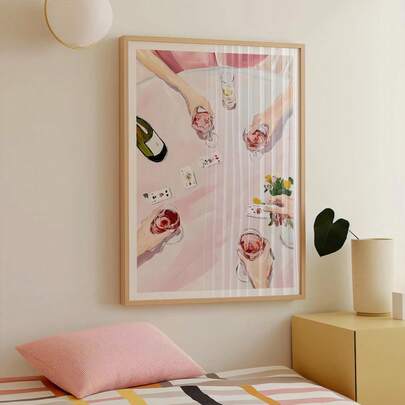 1件/套 复古女孩之夜干杯艺术海报印刷品，粉彩玫瑰葡萄酒墙饰，扑克之夜装饰，女孩晚宴，家居装饰客厅，墙面装饰，无框
