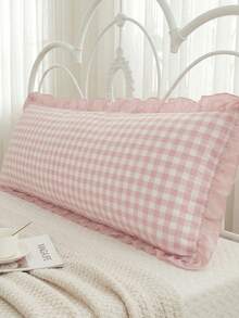 1pc Cute Pink Ruffle Minimalist Plaid Pleated Long Bolster Pillow Cover - Soft Polyester Fabric, Bedroom Sofa Decorative Lumbar Cushion Cover, Spring Decor, Suitable For All Seasons, - Pink - View 3