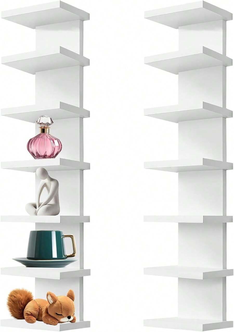 2 Pack 7 Tier Wall Shelf Unit, 43" Lack Floating Shelf | Wall Vertical Column Design,Compact Display Floating Shelf | Space Saving Organizer For Bedroom, Living Room, White Home Dr - 黑色 - 查看 1