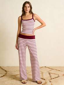 Conjunto de pijama de dos piezas para mujer, a rayas: camiseta sin mangas tipo camisola y pantalón holgado. Pijama suave para dormir. - Violeta - Ver 3