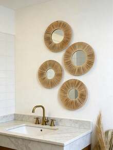 1pc/2pcs/4pcs Install Bohemian Style Rattan Woven Wall Mounted Decorative Mirror,Rattan Sunflower Circular Decorative Mirror,Handmade Woven Rattan Frame Wall Decoration,Rural Style Wall And Home Decoration,Simple And Lightweight Interior Hanging Mirror Geometric Wall Decoration Suitable For Gift Giving-Suitable For Living Rooms, Kitchens, Bedrooms, Corridors, Stairs, Bathrooms, Entrances, And Outdoor Gardens - Multicolor - View 3