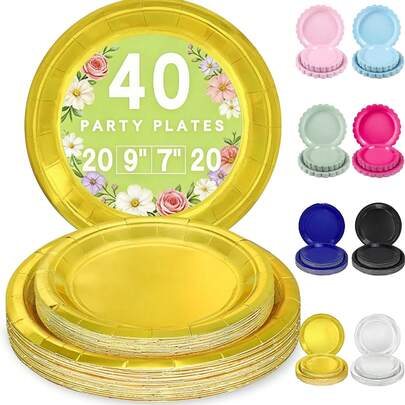 40 chiếc đĩa giấy dùng một lần kích thước 9 inch và 7 inch, đồ dùng cho tiệc cưới, sinh nhật, tiệc trà ngoài trời.