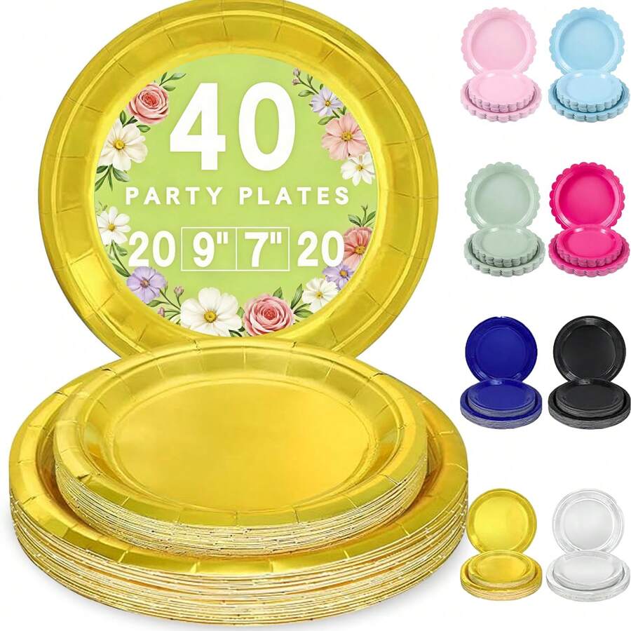 40 chiếc đĩa giấy dùng một lần kích thước 9 inch và 7 inch, đồ dùng cho tiệc cưới, sinh nhật, tiệc trà ngoài trời. - Xem 1