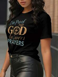 I Am Proof That God Answers Prayers Christian Faith Statement Shirt For Women Religious Inspiration Wear Spiritual Message Top - 黑色 - 查看 2