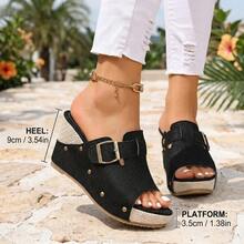 2026 Summer New Black Suede Metal Buckle Wedge Heel Mules, Woven Platform Open Toe Slip-On Sandals, Vacation Style Versatile Thick Sole Slippers For Plus Size Women - Black - View 2