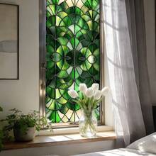 1pc Green Geometric Fan-Shaped Glass Window Film, Removable Vinyl Static Cling Decal. Provides High Privacy Protection, Suitable For Home, Office, Bathroom And Bedroom Decor. Features UV-Blocking And Frosted Effect. - Multicolor - View 9