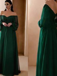 Women's Solid Color Off Shoulder Lantern Sleeve Casual Wedding Dress Spring White - 墨綠色 - 查看 5