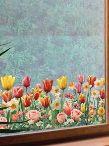 1pc Removable Spring Window Sticker With Realistic 3D Tulips, Daisies, Lavender And Sunflowers Asymmetrical Floral Pattern For Glass Doors, Mirrors, Showers - Easy To Peel And Stick Decor - B - View 11