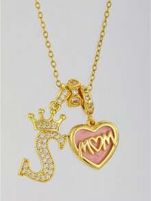 1 chiếc mặt dây chuyền hình vương miện và chữ cái bằng đồng mạ vàng tinh tế, đính đá Cubic Zirconia, hình trái tim, món quà trang sức thanh lịch dành tặng Mẹ nhân Ngày của Mẹ. - Vàng - Xem 3