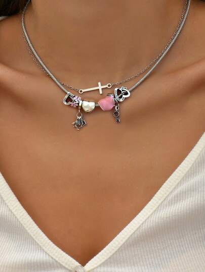 2 piezas Collar de doble capa con colgantes de cruz, corazón, candado y flor, adecuado para uso diario de mujeres, fiestas, reuniones, joyería Y2K