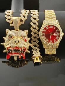 1 Conjunto Novo Produto Hip Hop Pingente Personalizado de Buldogue Colar Corrente Cubana de Diamante Pulseira Relógio Vermelho Masculino Conjunto Acessórios Masculinos Personalizados e Modernos - Vermelho - Visão 18