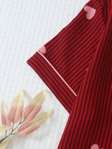 2pcs Women's Comfortable Red Striped Heart Print Short Sleeve Collared Top And Bow Shorts Pajama Set, Spring/Summer - Red - View 4