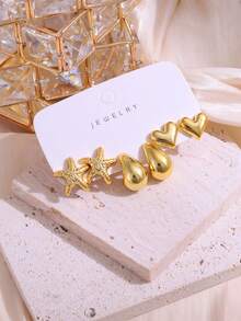 Set de 6/18 piezas de aretes con diseños de estrella de mar, concha, gota de agua lisa, corazón y forma de C, adecuado para usar en verano, viajes y vacaciones - Dorado - Ver 10