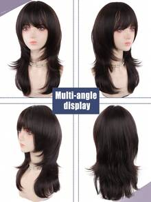 Wig Rambut Lurus Serat Sintetis Tahan Panas Berlapis Tinggi Warna Cokelat Hitam 18 Inci dengan Poni, Dapat Mengubah Bentuk Wajah dan Menambah Volume, Cocok untuk Pemakaian Sehari-hari dan Liburan Wanita - MultiWarna - View 5