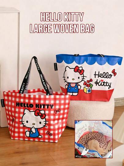 Large Woven Hello Kitty Tote Bag, Cute Cartoon Shoulder Bag With Wide Straps, Reusable Shopping Bag For Women, Ideal For Travel, Beach, Picnic, Daily Use, Durable, Fade-Resistant, Lightweight, Water-Resistant, Perfect Gift For Sanrio Fans
