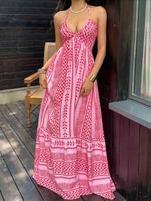 Vestido de mujer con estampado floral rosa, cintura ceñida, espalda descubierta, escote en V profundo, elegante para vacaciones y fiestas de verano - Rosa - Ver 4
