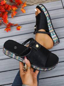 2026夏季新款时尚厚底露趾沙滩拖鞋，性感度假休闲女士凉鞋 - 黑色 - 查看 2