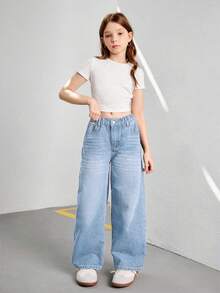 Loose Fit Wide Leg Jeans, Casual Versatile Straight Leg Denim Pants, Street Style - Light Wash - View 7