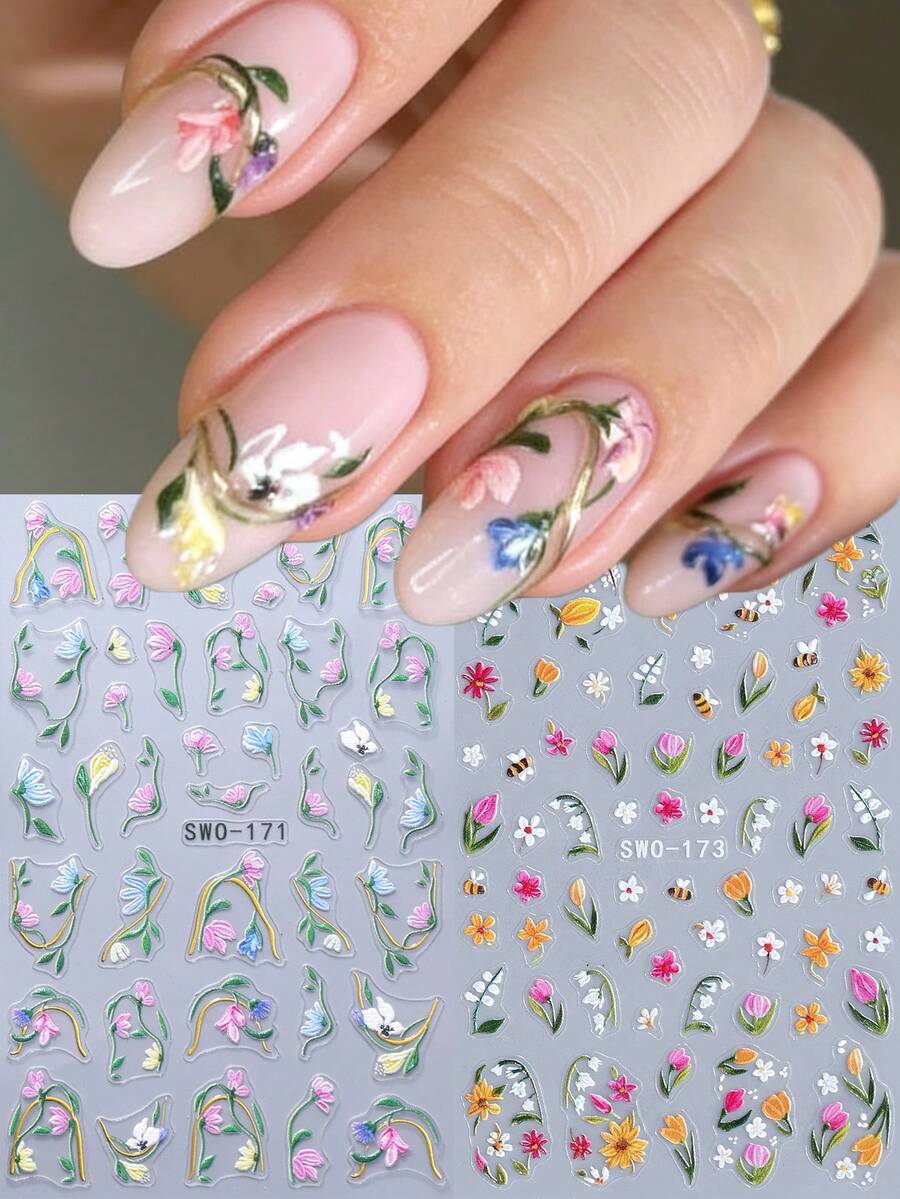 SWEET TREND 5D彩色花朵线条美甲贴纸2片装,金色条纹线条油画风格,雏菊、郁金香、向日葵、蜜蜂、绿叶、藤蔓,法式美甲设计,DIY复古春夏花卉图案,自粘沙龙贴纸,美甲装饰 - 彩色 - 查看 1