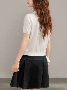 Alicedudu Áo dệt kim tay ngắn cổ tròn tối giản phong cách thường ngày dành cho nữ, thích hợp cho mùa hè. - Màu be - Xem 2