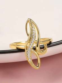 1枚女士优雅立方氧化锆戒指，适合婚礼、订婚、周年纪念派对、情人节礼物 - 金黃色 - 查看 4