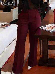 DONICY 女士高腰喇叭裤，白色，时尚优雅的商务休闲装，适合春秋季穿着，可用于办公室、约会和日常穿着。 - 酒紅色 - 查看 1