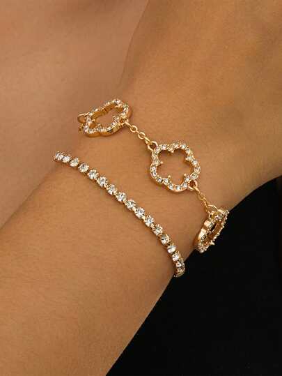 1pc Luxury Glamorous High-End Summer Beach Breeze Sparkling Golden Clover Multilayer Bracelet For Women