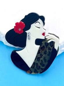 1pc Elegant Girl Portrait Brooch With Flower Headpiece, Acrylic Material Fashion New Brooch Backpack Accessory, Random Flower Direction - Black and White - View 2