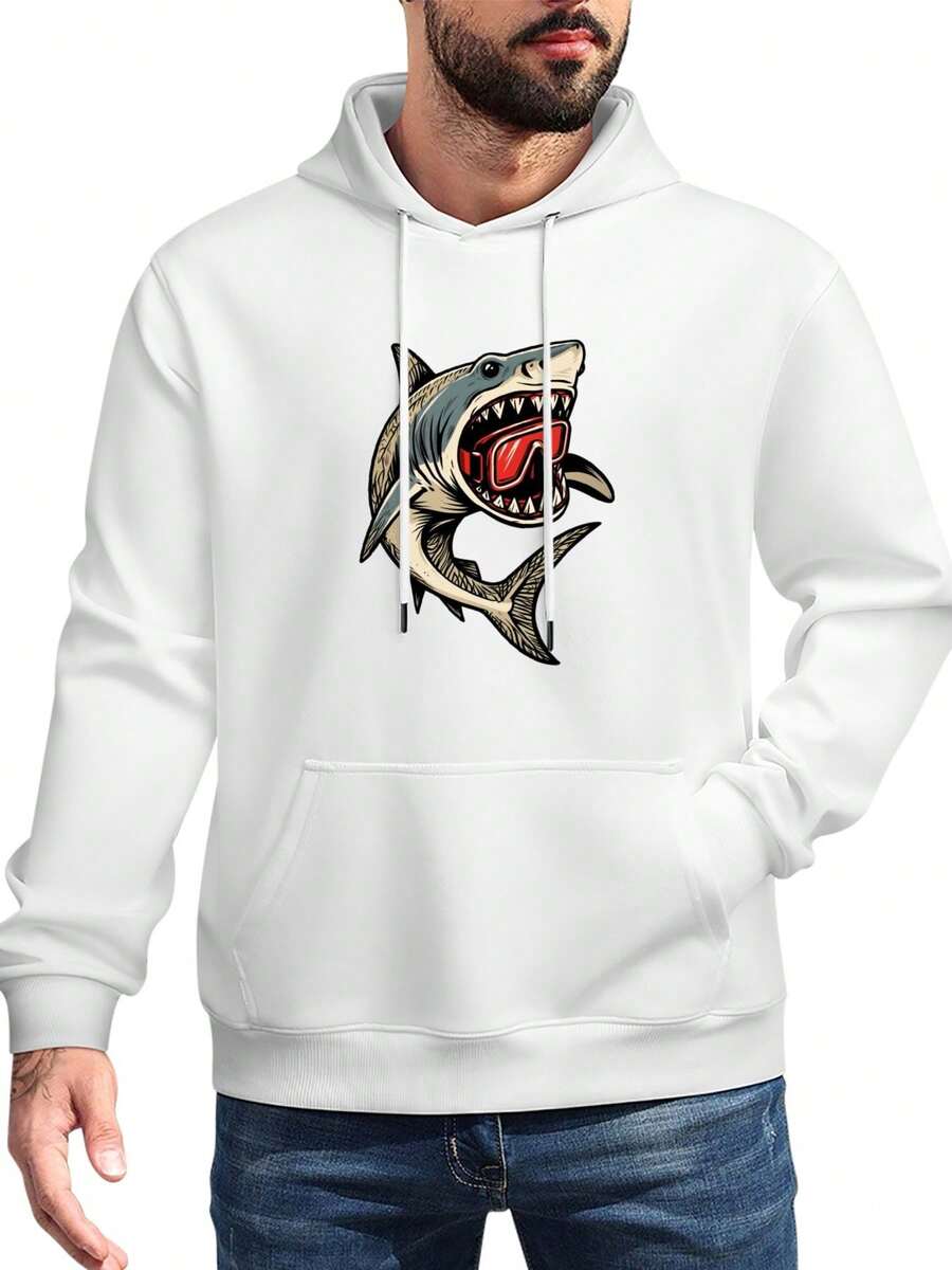 Men's Shark Graphic Hoodie - Comfortable Cotton Blend Pullover For Casual Wear - 白色 - 查看 1