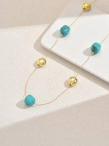 1pc Minimalist Vacation Style Square Turquoise & Golden Bead Interval Beaded Long Necklace, Suitable For Women Summer Beach Holiday & Date - Multicolor - View 4