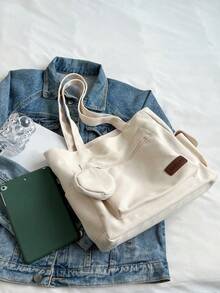 女士多口袋设计两件套母子手提包套装 - 米色 - 查看 3