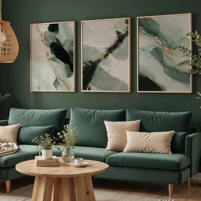 Sage Green & Golden Abstract Wall Art Posters - Modern Mineral Prints Suitable For Bedroom & Living Room Home Decor - Muted Green And Golden Aesthetic Neutral Palette Decorative Paintings Optional Frame