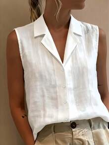 1pc Women's Casual Comfortable Breathable Elegant Linen Camisole Shirt, Polyester Front Button Blouse White Summer - White - View 4