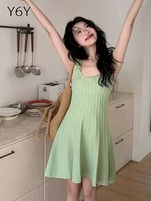 [Y6Y] Đầm slip dệt kim màu xanh bạc hà dành cho nữ, dây đeo rộng, cổ chữ U, hở lưng, vạt xòe, thích hợp mặc hàng ngày vào mùa hè. - màu xanh lá - Xem 8